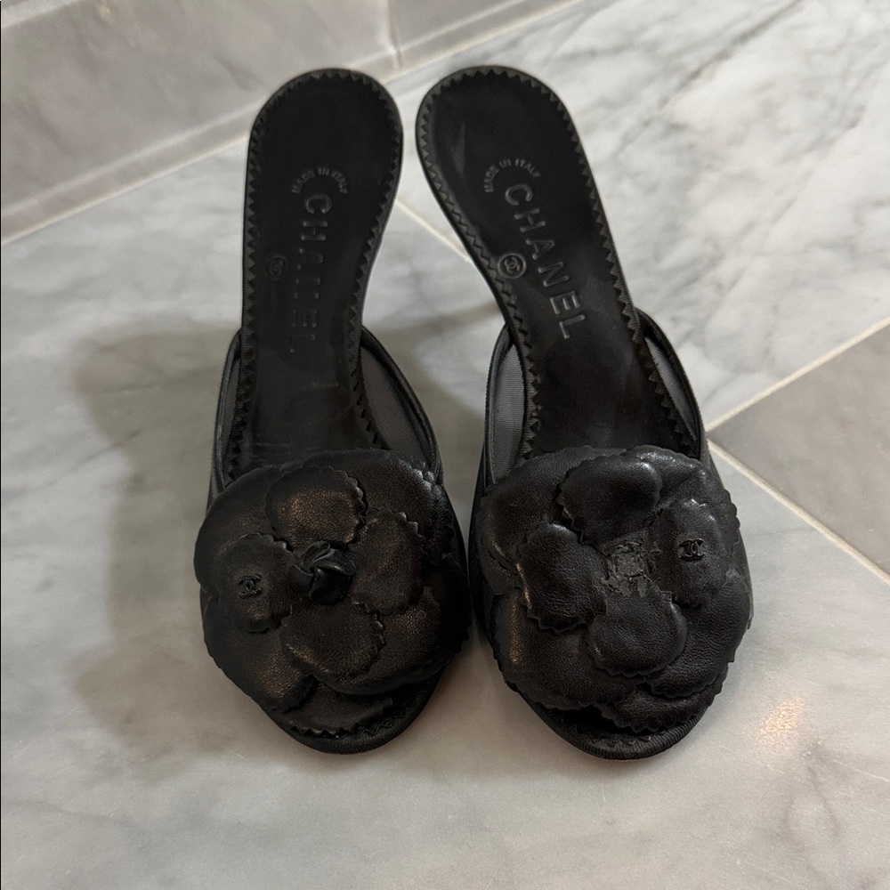 CHANEL Black Floral Mules